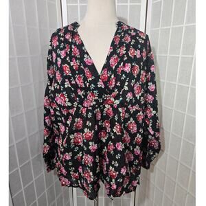 Torrid Floral Pleated V-Neck Roll Tab Sleeve Top Blouse Size Plus Size: 5X (28)